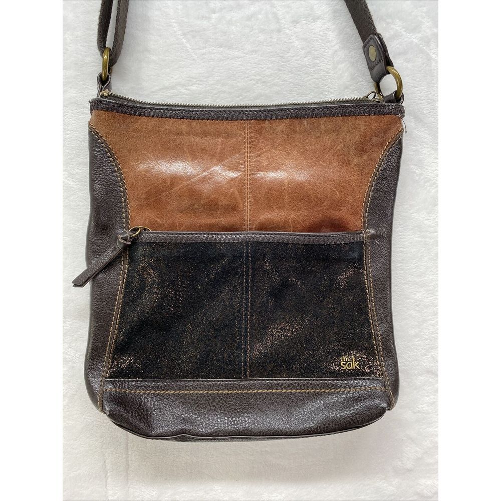 SAK Iris Leather Crossbody Satchel bronze glitter panels stitching detail